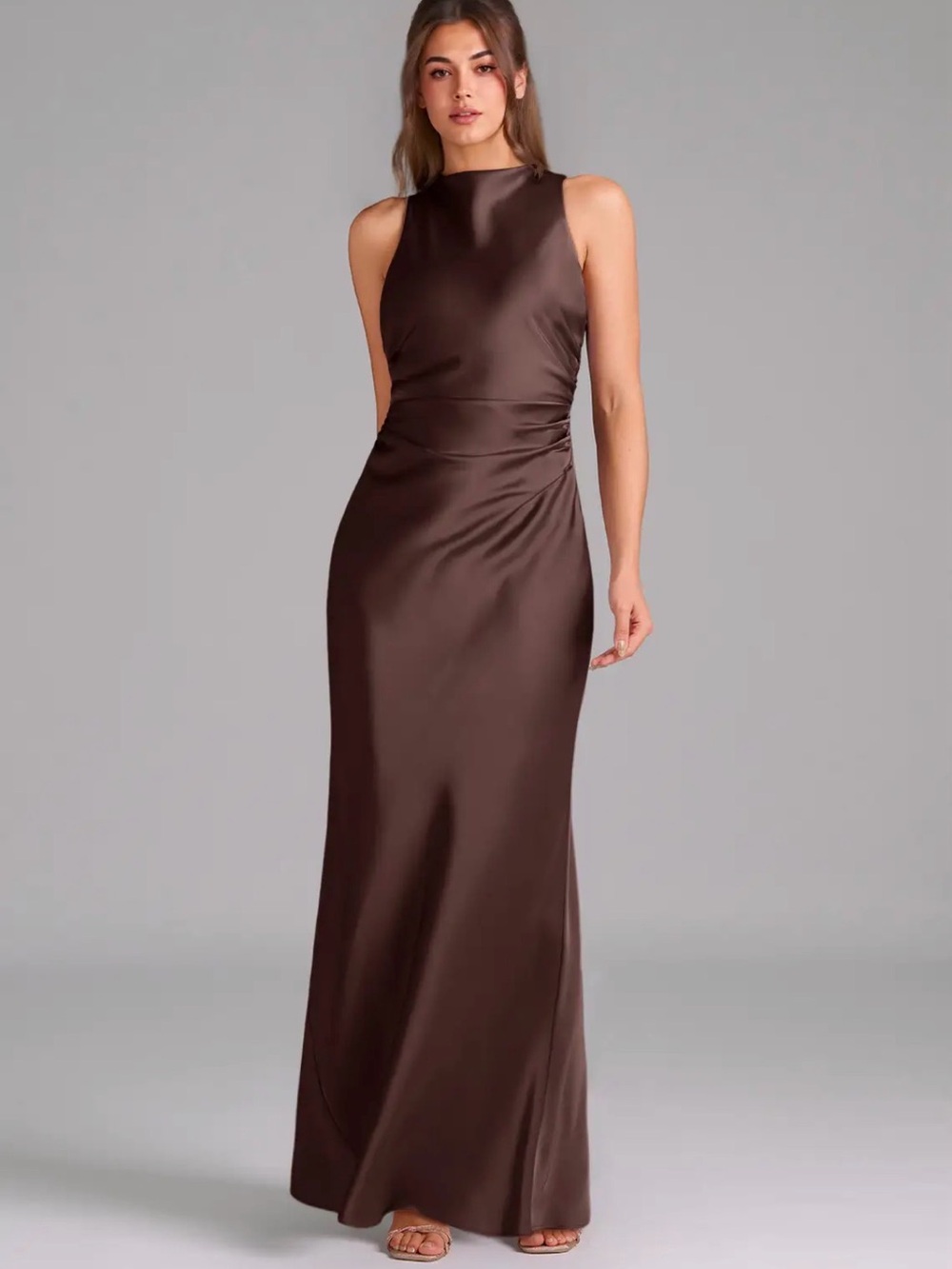 Azazie Evadne - Stretch Satin - Ganache - Size A12 NWT - Bridesmaid Dress